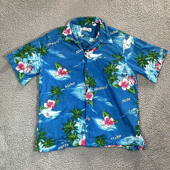 Rainbow Paradise Hawaiian Button Up Shirt Men's Aloha Blue Short Sleev Medium - Picture 1 of 6